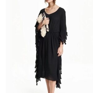 H&M Black Kaftan /Coverup with Pom Poms